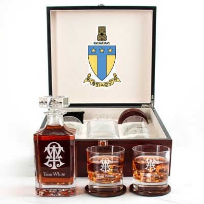 Custom Engraved Alpha Tau Omega - Personalized Whiskey Decanter Set In Cherry Wood Gift Box - Fraternity Monogram