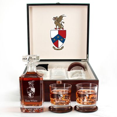 Custom Engraved Beta Theta Pi - Personalized Whiskey Decanter Set In Cherry Wood Gift Box - Coat of Arms