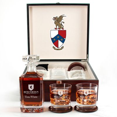 Custom Engraved Beta Theta Pi - Personalized Whiskey Decanter Set In Cherry Wood Gift Box - Primary Fraternity Logo