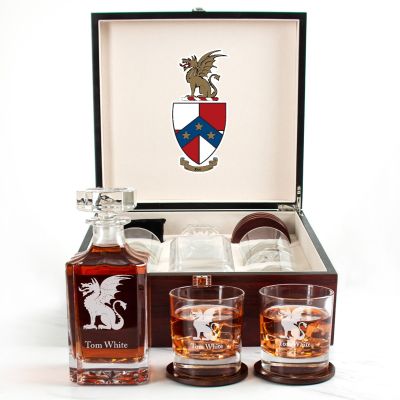 Custom Engraved Beta Theta Pi - Personalized Whiskey Decanter Set In Cherry Wood Gift Box - Fraternity Dragon Logo