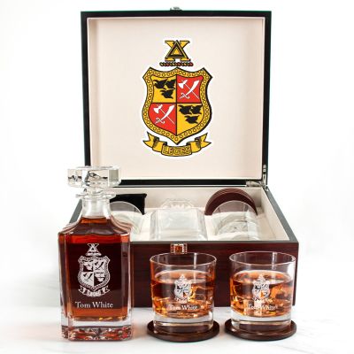 Custom Engraved Delta Chi - Personalized Whiskey Decanter Set In Cherry Wood Gift Box - Coat of Arms