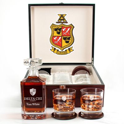 Custom Engraved Delta Chi - Personalized Whiskey Decanter Set In Cherry Wood Gift Box - Primary Fraternity Logo