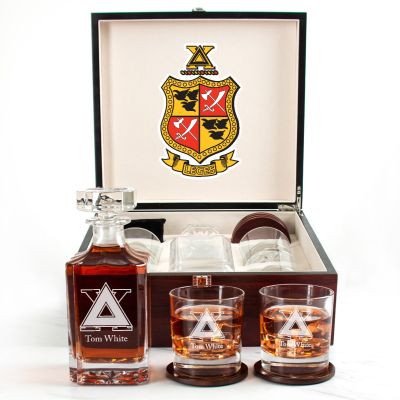 Custom Engraved Delta Chi - Personalized Whiskey Decanter Set In Cherry Wood Gift Box - Fraternity Monogram