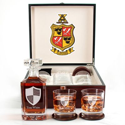 Custom Engraved Delta Chi - Personalized Whiskey Decanter Set In Cherry Wood Gift Box - Fraternity Shield
