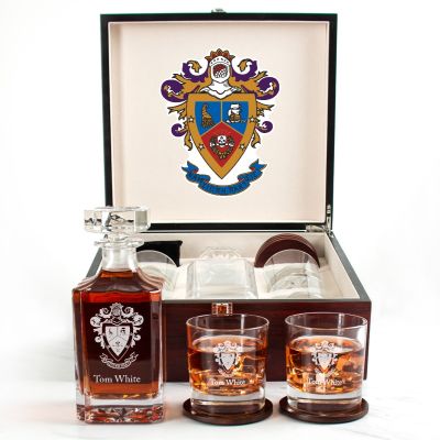 Custom Engraved Delta Sigma Pi - Personalized Whiskey Decanter Set In Cherry Wood Gift Box - Coat of Arms