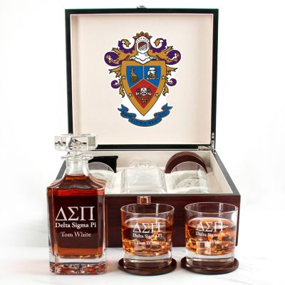 Custom Engraved Delta Sigma Pi - Personalized Whiskey Decanter Set In Cherry Wood Gift Box - Fraternity Logo