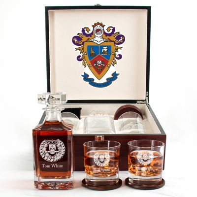 Custom Engraved Delta Sigma Pi - Personalized Whiskey Decanter Set In Cherry Wood Gift Box - Fraternity Badge