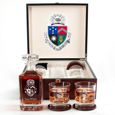 Custom Engraved Delta Tau Delta - Personalized Whiskey Decanter Set In Cherry Wood Gift Box - Coat of Arms