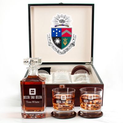 Custom Engraved Delta Tau Delta - Personalized Whiskey Decanter Set In Cherry Wood Gift Box - Primary Fraternity Logo