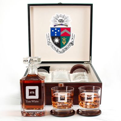 Custom Engraved Delta Tau Delta - Personalized Whiskey Decanter Set In Cherry Wood Gift Box - Fraternity Badge