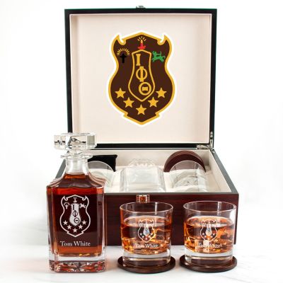 Custom Engraved Iota Phi Theta - Personalized Whiskey Decanter Set In Cherry Wood Gift Box - Coat of Arms