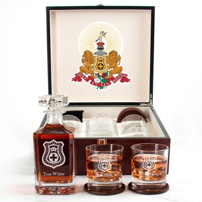 Custom Engraved Kappa Alpha - Personalized Whiskey Decanter Set In Cherry Wood Gift Box - Fraternity Badge