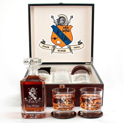 Custom Engraved Kappa Delta Rho - Personalized Whiskey Decanter Set In Cherry Wood Gift Box - Coat of Arms