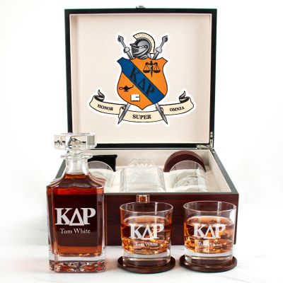 Custom Engraved Kappa Delta Rho - Personalized Whiskey Decanter Set In Cherry Wood Gift Box - Official Letters