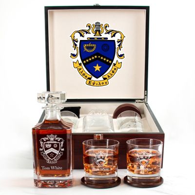 Custom Engraved Kappa Kappa Psi - Personalized Whiskey Decanter Set In Cherry Wood Gift Box - Coat of Arms