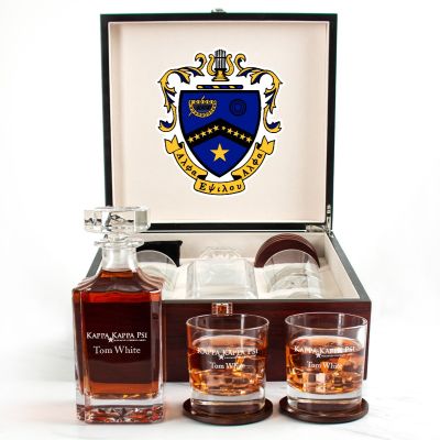 Custom Engraved Kappa Kappa Psi - Personalized Whiskey Decanter Set In Cherry Wood Gift Box - Primary Fraternity Logo