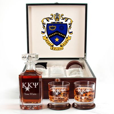 Custom Engraved Kappa Kappa Psi - Personalized Whiskey Decanter Set In Cherry Wood Gift Box - Fraternity Letters with Star