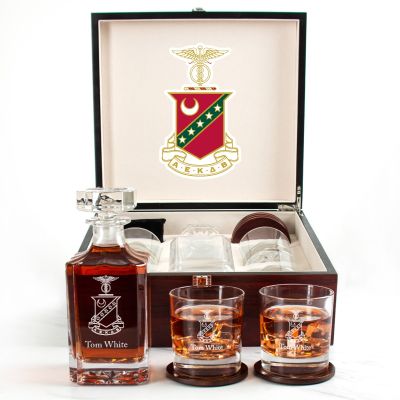 Custom Engraved Kappa Sigma - Personalized Whiskey Decanter Set In Cherry Wood Gift Box - Coat of Arms