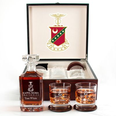 Custom Engraved Kappa Sigma - Personalized Whiskey Decanter Set In Cherry Wood Gift Box - Primary Fraternity Logo