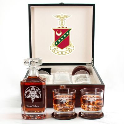 Custom Engraved Kappa Sigma - Personalized Whiskey Decanter Set In Cherry Wood Gift Box - Fraternity Badge