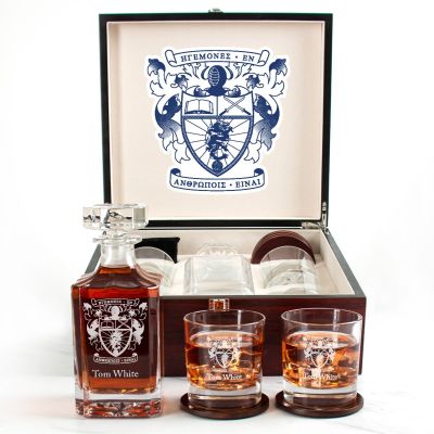 Custom Engraved Lambda Phi Epsilon - Personalized Whiskey Decanter Set In Cherry Wood Gift Box - Coat of Arms