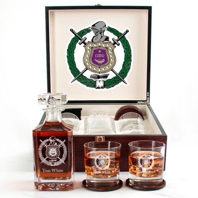 Custom Engraved Omega Psi Phi - Personalized Whiskey Decanter Set In Cherry Wood Gift Box - Coat of Arms
