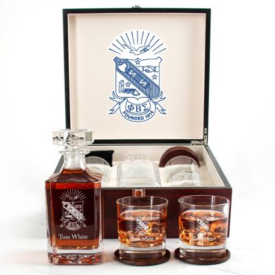 Custom Engraved Phi Beta Sigma - Personalized Whiskey Decanter Set In Cherry Wood Gift Box - Coat of Arms