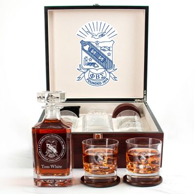 Custom Engraved Phi Beta Sigma - Personalized Whiskey Decanter Set In Cherry Wood Gift Box - Official Fraternity Seal