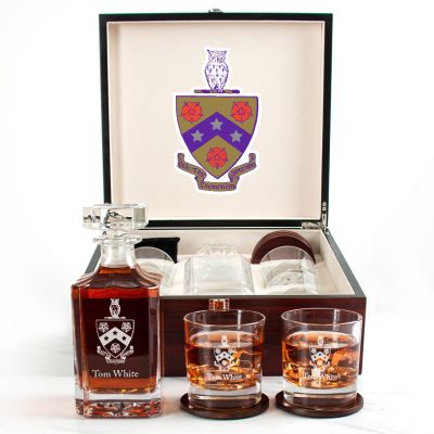 Custom Engraved Phi Gamma Delta - Personalized Whiskey Decanter Set In Cherry Wood Gift Box - Coat of Arms