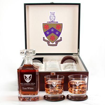 Custom Engraved Phi Gamma Delta - Personalized Whiskey Decanter Set In Cherry Wood Gift Box - Primary Fraternity Logo