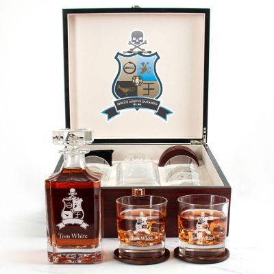 Custom Engraved Phi Kappa Sigma - Personalized Whiskey Decanter Set In Cherry Wood Gift Box - Coat of Arms