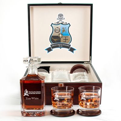 Custom Engraved Phi Kappa Sigma - Personalized Whiskey Decanter Set In Cherry Wood Gift Box - Primary Fraternity Logo