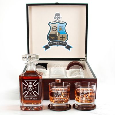 Custom Engraved Phi Kappa Sigma - Personalized Whiskey Decanter Set In Cherry Wood Gift Box - Fraternity Member Badge