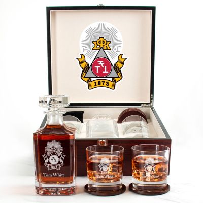 Custom Engraved Phi Sigma Kappa - Personalized Whiskey Decanter Set In Cherry Wood Gift Box - Coat of Arms