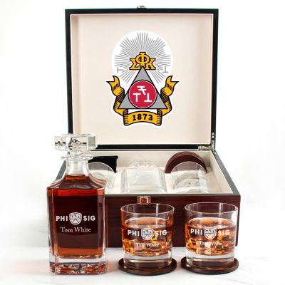 Custom Engraved Phi Sigma Kappa - Personalized Whiskey Decanter Set In Cherry Wood Gift Box - Primary Fraternity Logo