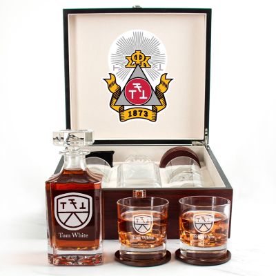 Custom Engraved Phi Sigma Kappa - Personalized Whiskey Decanter Set In Cherry Wood Gift Box - Fraternity Shield Logo