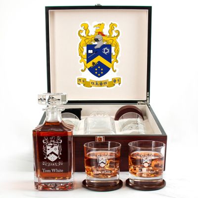 Custom Engraved Pi Alpha Phi - Personalized Whiskey Decanter Set In Cherry Wood Gift Box - Coat of Arms