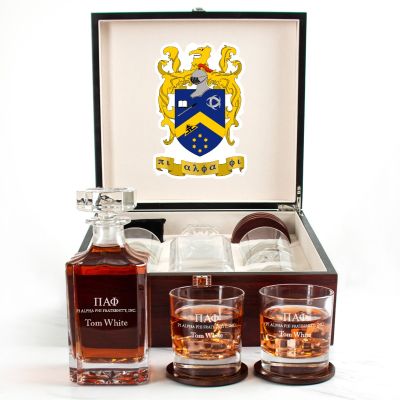 Custom Engraved Pi Alpha Phi - Personalized Whiskey Decanter Set In Cherry Wood Gift Box - Primary Fraternity Logo