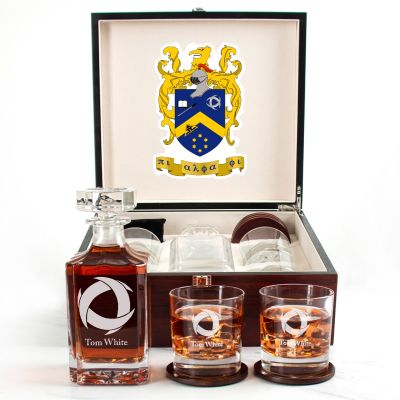 Custom Engraved Pi Alpha Phi - Personalized Whiskey Decanter Set In Cherry Wood Gift Box - Brotherhood Ring