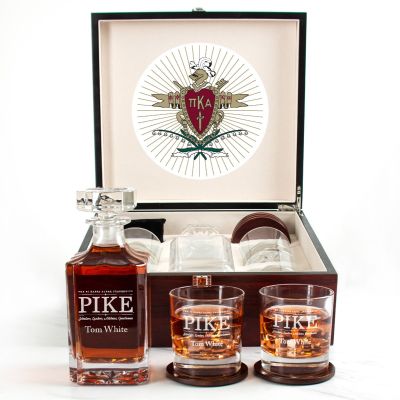 Custom Engraved Pi Kappa Alpha - Personalized Whiskey Decanter Set In Cherry Wood Gift Box - PIKE Primary Fraternity Logo