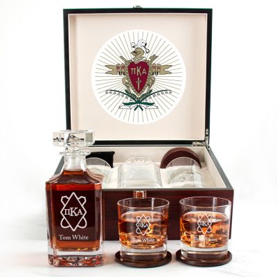 Custom Engraved Pi Kappa Alpha - Personalized Whiskey Decanter Set In Cherry Wood Gift Box - Fraternity Letterform