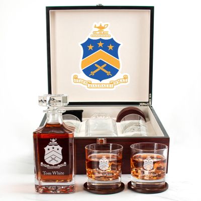 Custom Engraved Pi Kappa Phi - Personalized Whiskey Decanter Set In Cherry Wood Gift Box - Coat of Arms