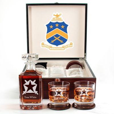 Custom Engraved Pi Kappa Phi - Personalized Whiskey Decanter Set In Cherry Wood Gift Box - Fraternity Star Shield Logo