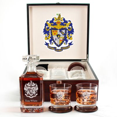 Custom Engraved Sigma Alpha Epsilon - Personalized Whiskey Decanter Set In Cherry Wood Gift Box - Coat of Arms