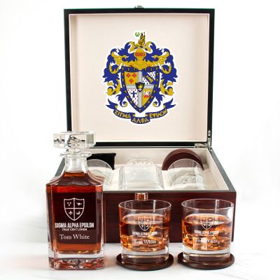 Custom Engraved Sigma Alpha Epsilon - Personalized Whiskey Decanter Set In Cherry Wood Gift Box - Primary Fraternity Logo