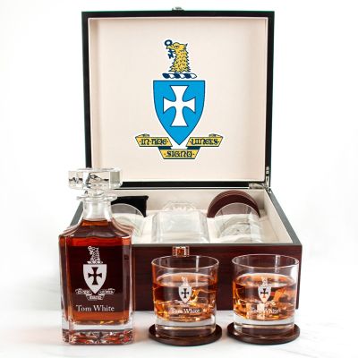 Custom Engraved Sigma Chi - Personalized Whiskey Decanter Set In Cherry Wood Gift Box - Coat of Arms