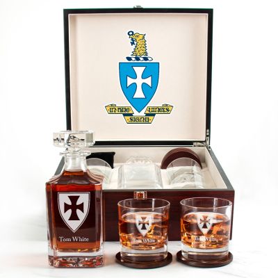 Custom Engraved Sigma Chi - Personalized Whiskey Decanter Set In Cherry Wood Gift Box - Fraternity Shield