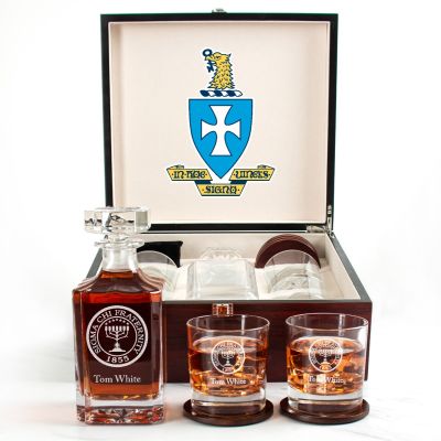Custom Engraved Sigma Chi - Personalized Whiskey Decanter Set In Cherry Wood Gift Box - Fraternity Seal