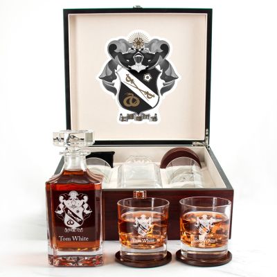 Custom Engraved Sigma Nu - Personalized Whiskey Decanter Set In Cherry Wood Gift Box - Coat of Arms