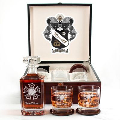 Custom Engraved Sigma Nu - Personalized Whiskey Decanter Set In Cherry Wood Gift Box - Fraternity Badge
